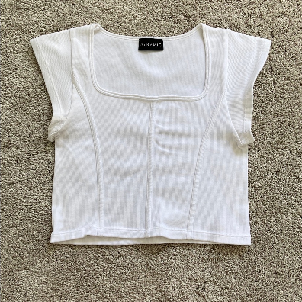 Dynamic • White Ribbed Square Neck Cap Sleeve Tee